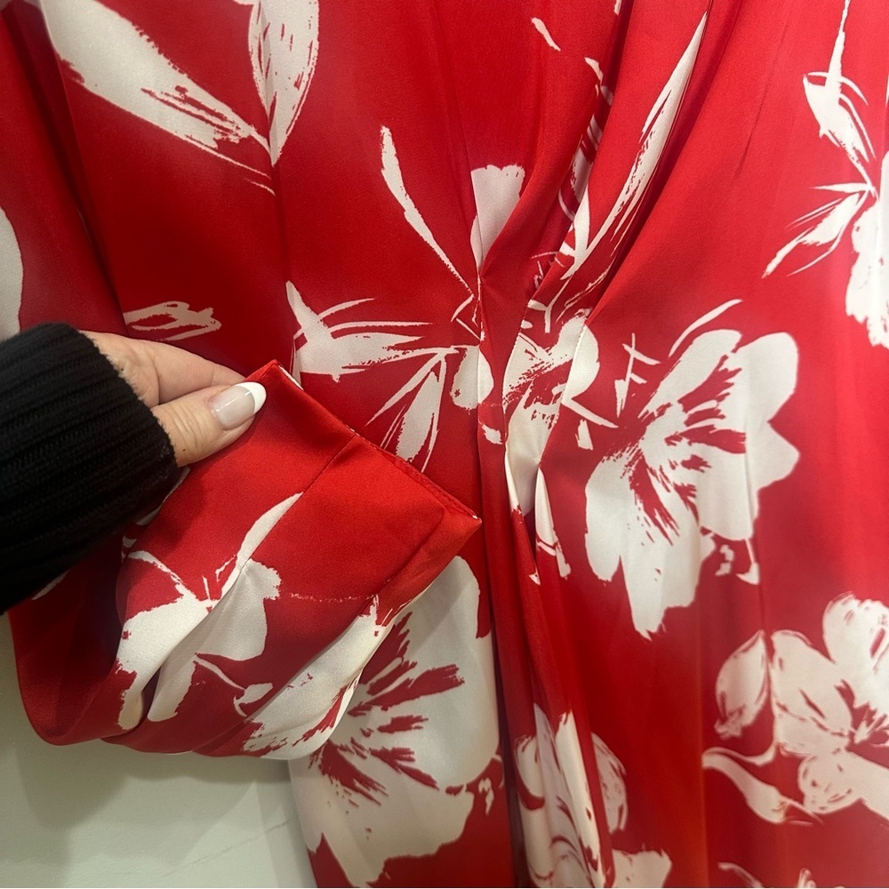 Zara Red Satin Floral Long Sleeve Dress - Picture 4 of 9